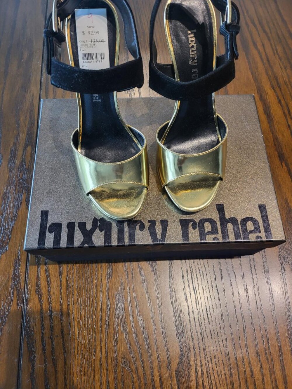 Luxury Rebel Judith Gold Metallic & Black Velvet Strap Heels Size 8 with Box